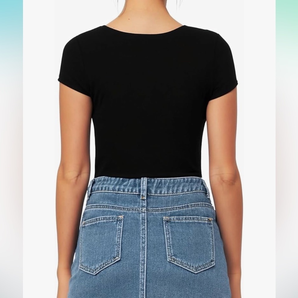 Women's Square Neck Bodysuit Short Sleeve Shirt Tops - Picture 3 of 6